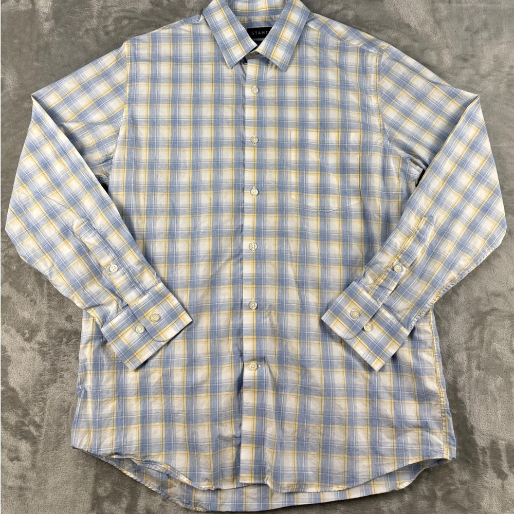 Stantt Button-Down Shirt Mens York Datafit Plaid Blue Yellow EUC